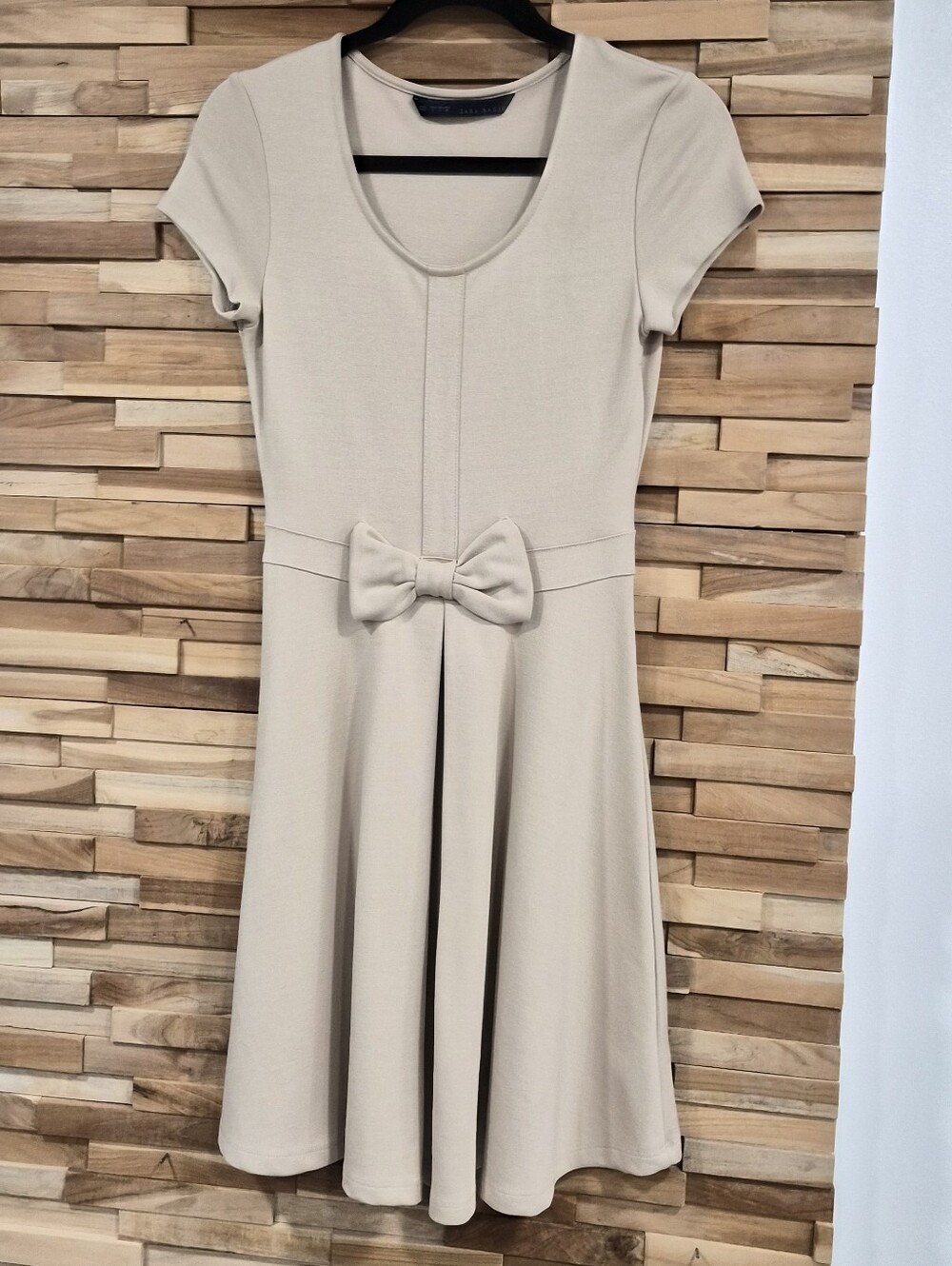 Zara Cream Short-Sleeve A-Line Dress with Waist Bow - Size S